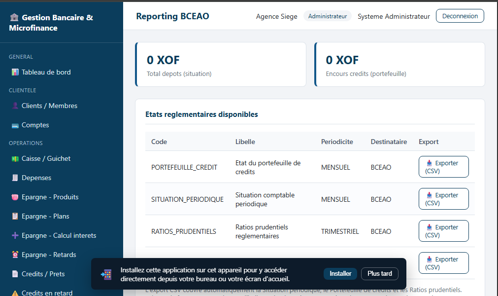 gestion de Bank et microfinance — capture