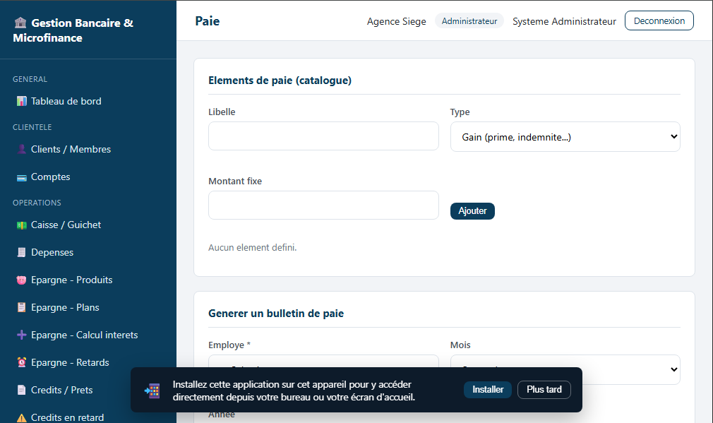 gestion de Bank et microfinance — capture