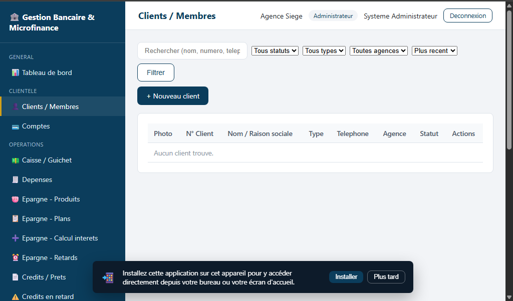 gestion de Bank et microfinance — capture