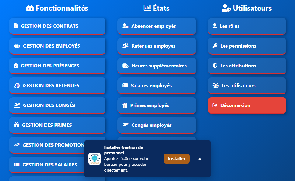 gestion de personnel avec bulletin de salaire — capture