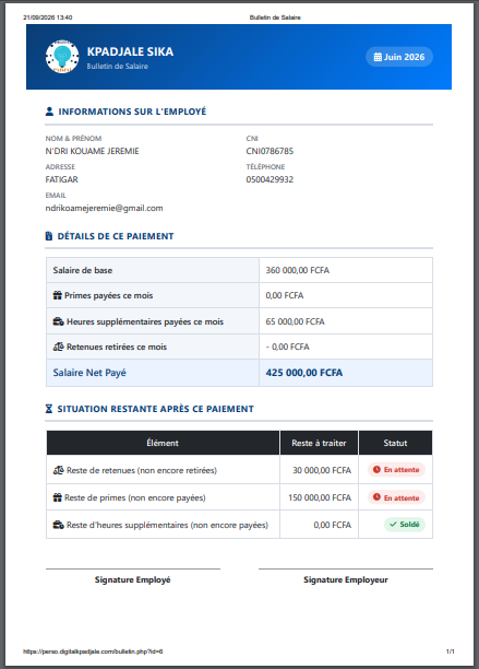 gestion de personnel avec bulletin de salaire — capture