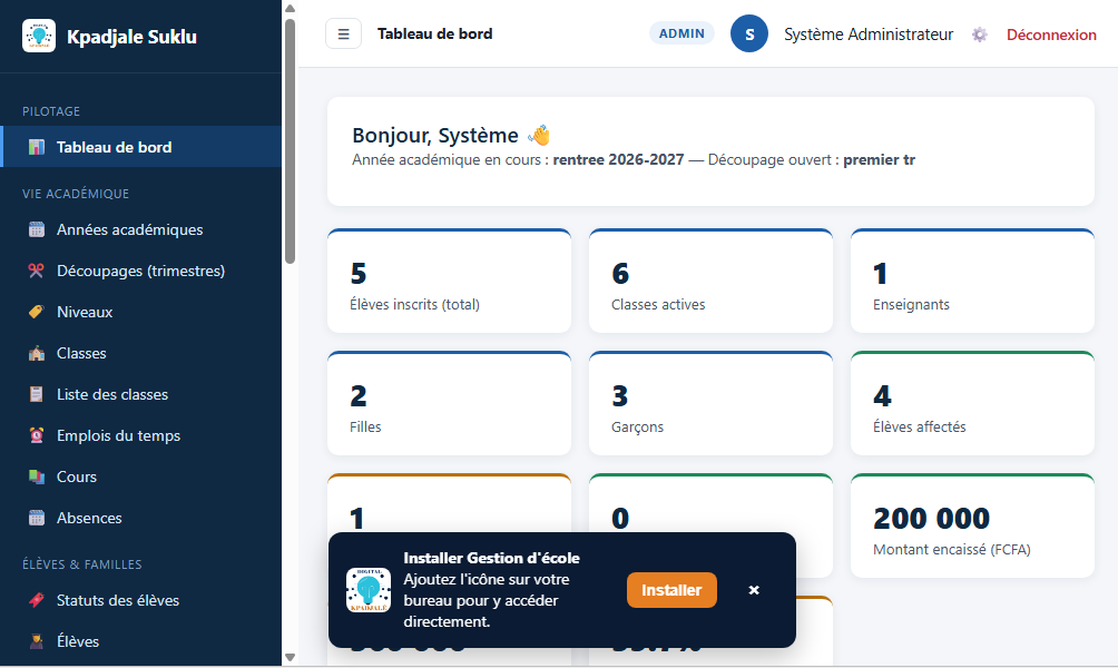 gestion d'école — capture